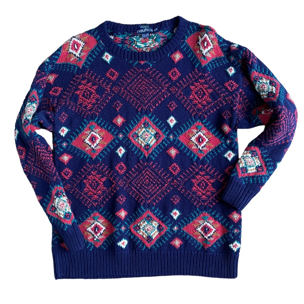 Nautica Vintage Chunky Knit Sweater XL Cotton Abstract Diamond Pattern Fishermen